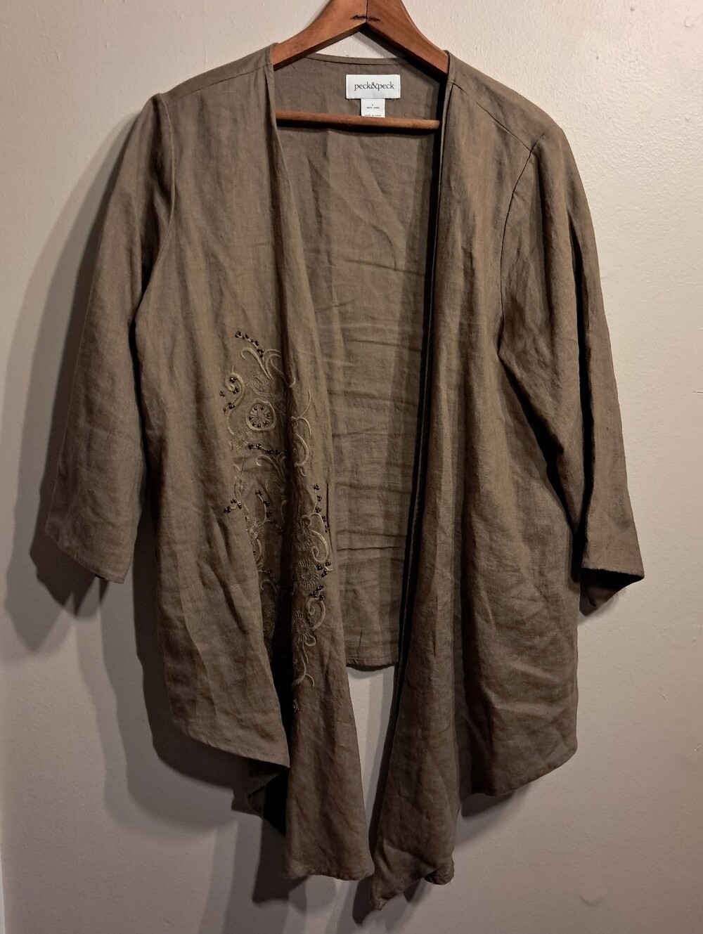 Peck & Peck Taupe Linen Open-Front Women's Embroidered Jacket